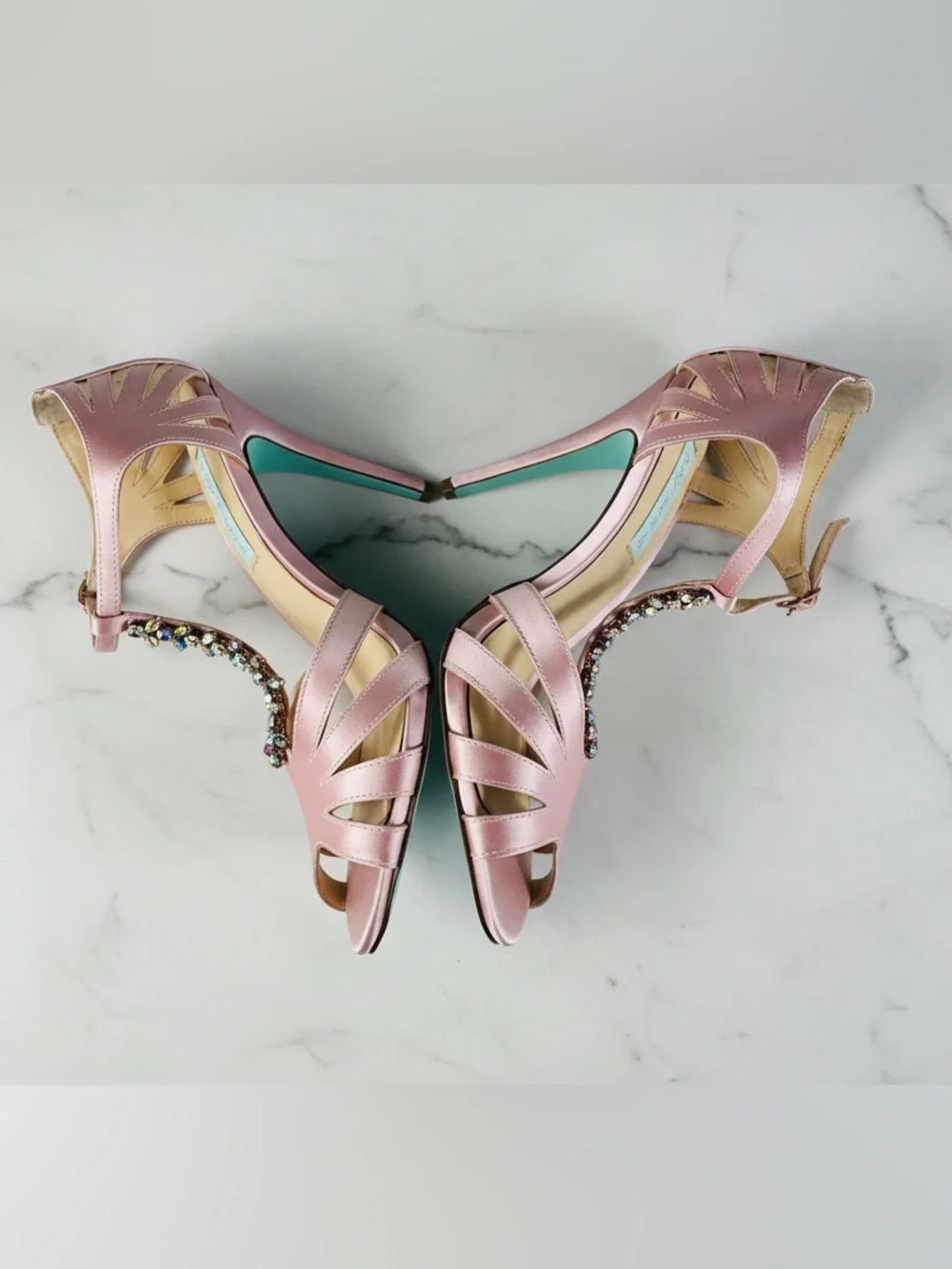 Betsey Johnson Rose Pink Satin Open-Toe Heels with Jeweled Ankle Detail